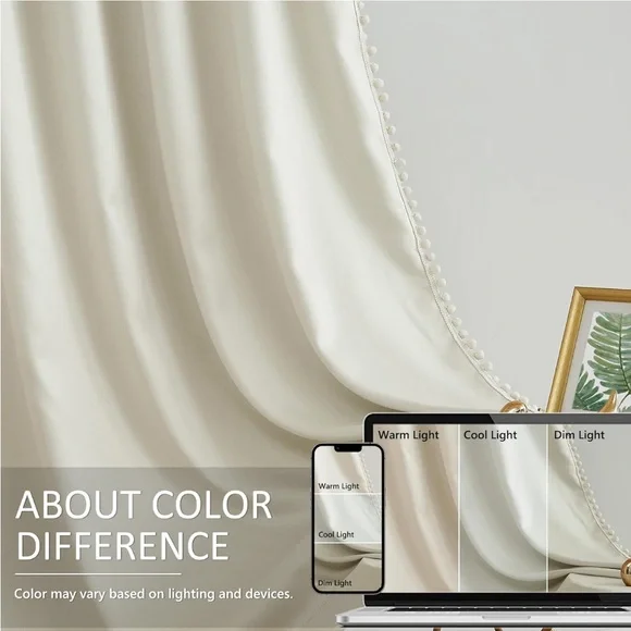 Elegant Cream Curtains with Pom-Pom Trim - Picture 3 of 8